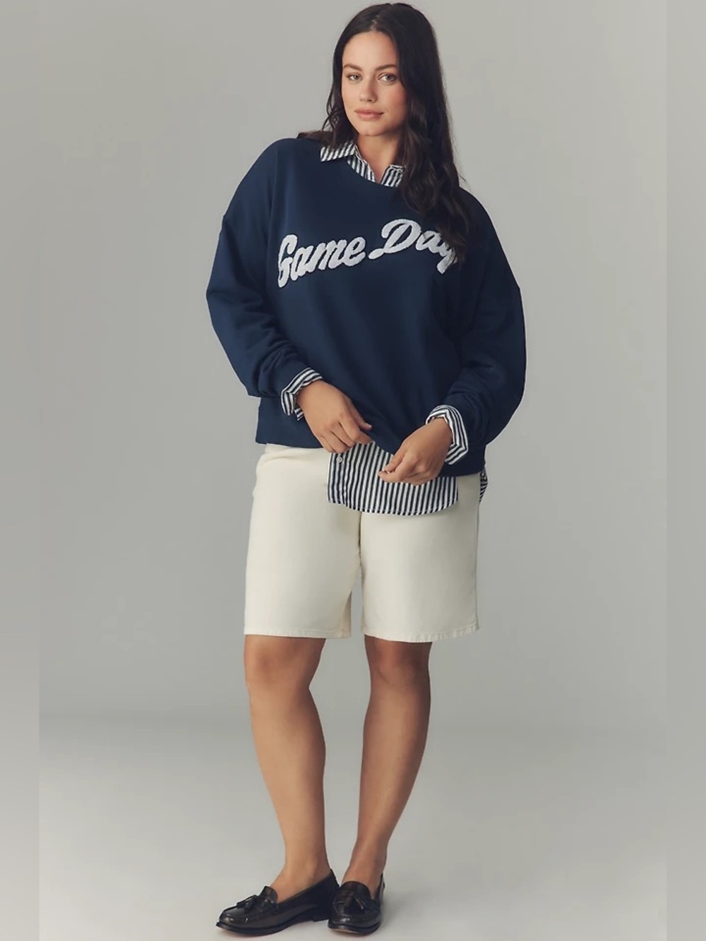 Anthropologie Maeve Game Day Crewneck Sweatshirt Navy & White Chenille Script
